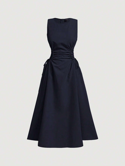MOD Navy Date Night Side Cross Tie Solid Pleated Long Dress,Brunch,Birthday,Back To School,Work,Summer Dresses For Women,Tea Party Dress