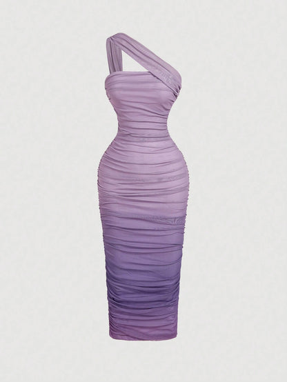 MOD Ombre Ruched Bodycon Mid-Length One Shoulder Mesh Dress