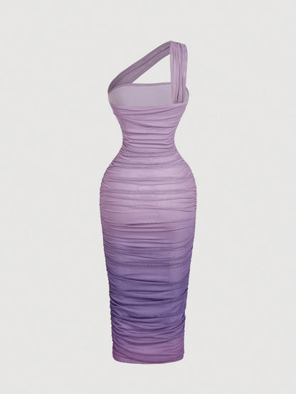 MOD Ombre Ruched Bodycon Mid-Length One Shoulder Mesh Dress