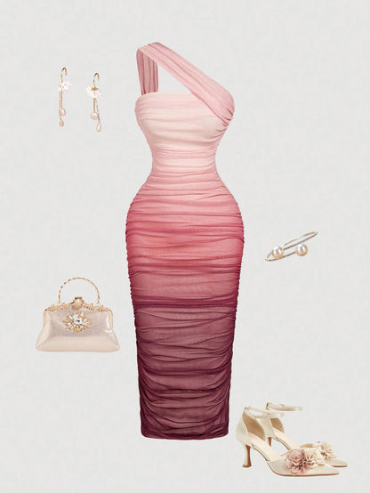 MOD Ombre Ruched Bodycon Mid-Length One Shoulder Mesh Dress