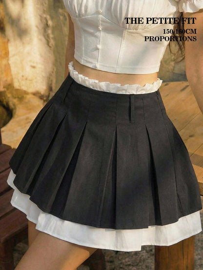 MOD Petite Women's Autumn Cute Dark Green Double Layer Pleated Mini Skirt,Back-To-School School Petite Perfect Low Rise Skirts,Y2k Cute Carnival Costume