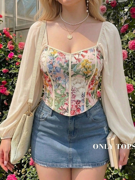 MOD Plus Size Vintage Print Patchwork Chiffon Blouse, Early Autumn Outfit, Vintage Style, Romantic Print Top