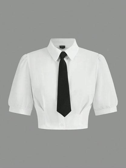 MOD Solid Crop Shirt With Tie,Short Sleeve Tops, Graduation