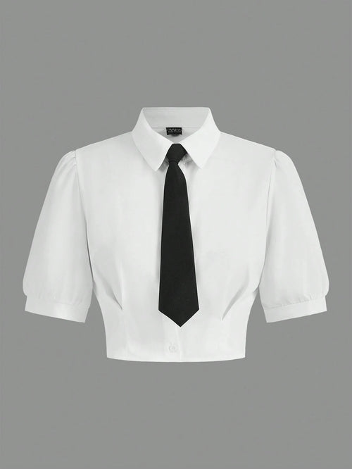 MOD Solid Crop Shirt With Tie,Short Sleeve Tops, Graduation