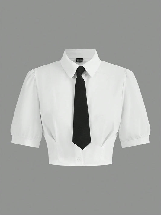 MOD Solid Crop Shirt With Tie,Short Sleeve Tops, Graduation