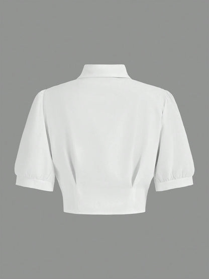 MOD Solid Crop Shirt With Tie,Short Sleeve Tops, Graduation