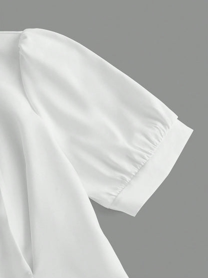 MOD Solid Crop Shirt With Tie,Short Sleeve Tops, Graduation