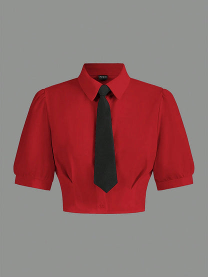 MOD Solid Crop Shirt With Tie,Short Sleeve Tops, Graduation