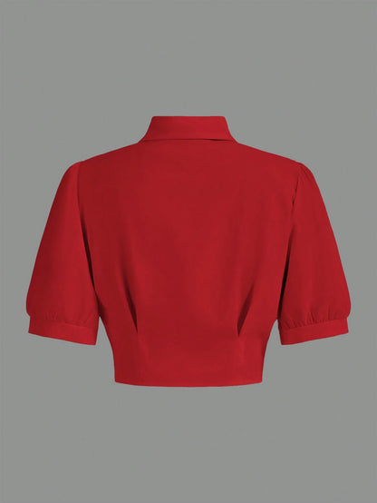 MOD Solid Crop Shirt With Tie,Short Sleeve Tops, Graduation