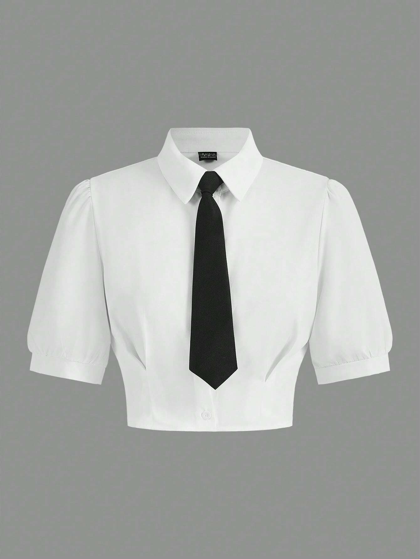 MOD Solid Crop Shirt With Tie,Short Sleeve Tops, Graduation