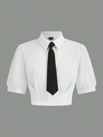 MOD Solid Crop Shirt With Tie,Short Sleeve Tops, Graduation