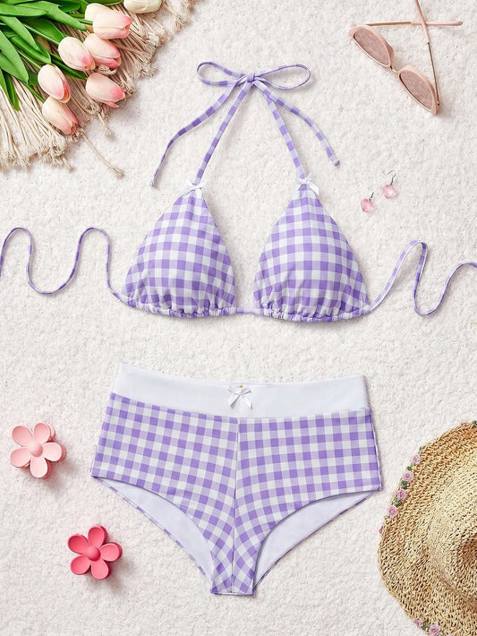 MOD Summer Beach Checkered V-Neck Halter Bikini Set White Cute