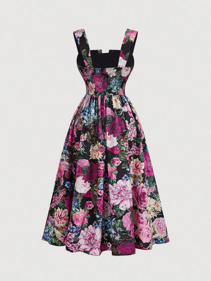 MOD Vintage Palace Style Black Floral Print Elegant Tea Party Garden Party Summer Dress,Women's Retro Boho Sundress For New Year's Eve,Valentine's Day
