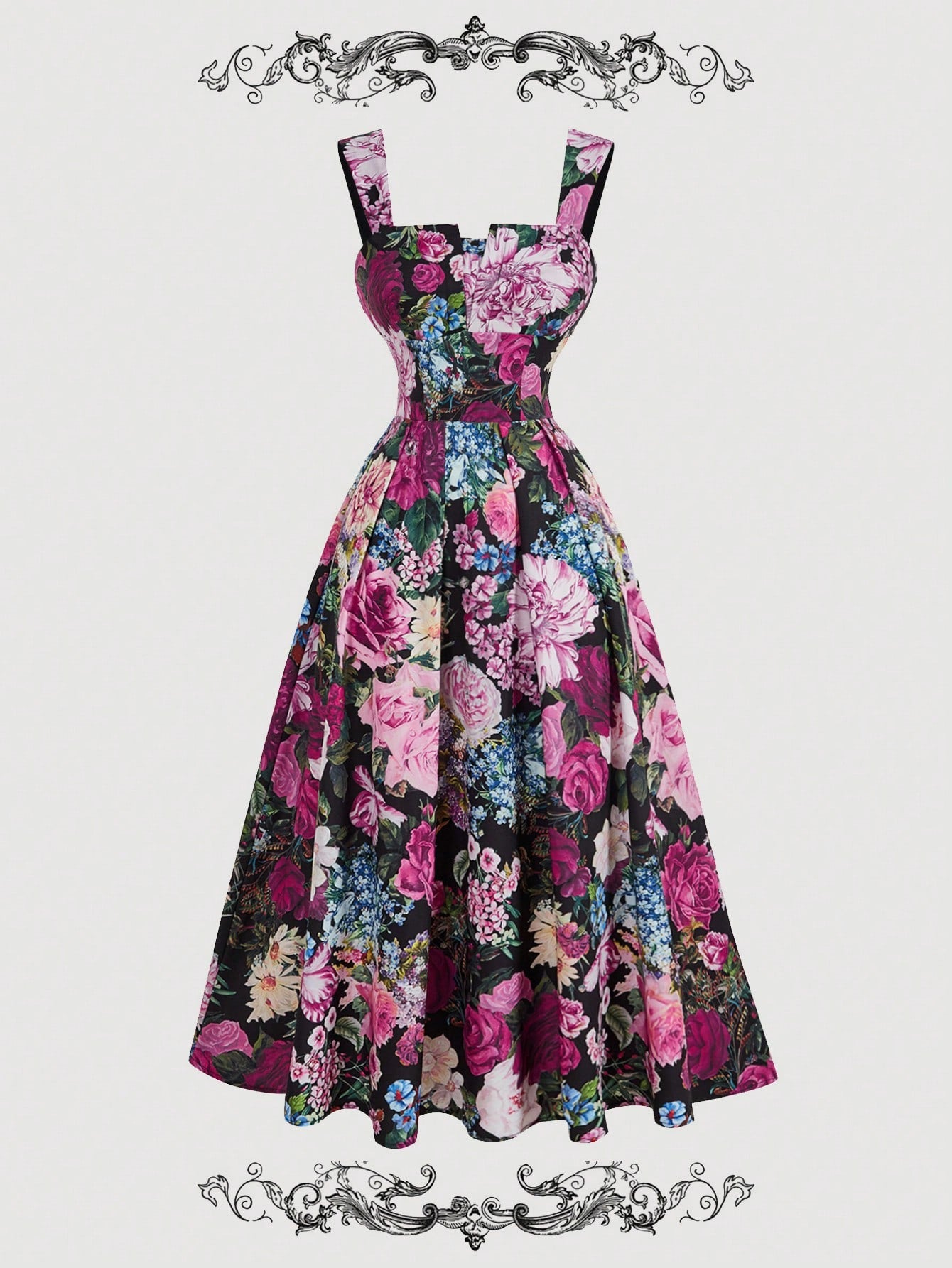 MOD Vintage Palace Style Black Floral Print Elegant Tea Party Garden Party Summer Dress,Women's Retro Boho Sundress For New Year's Eve,Valentine's Day