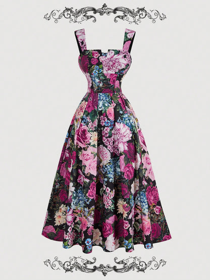 MOD Vintage Palace Style Black Floral Print Elegant Tea Party Garden Party Summer Dress,Women's Retro Boho Sundress For New Year's Eve,Valentine's Day