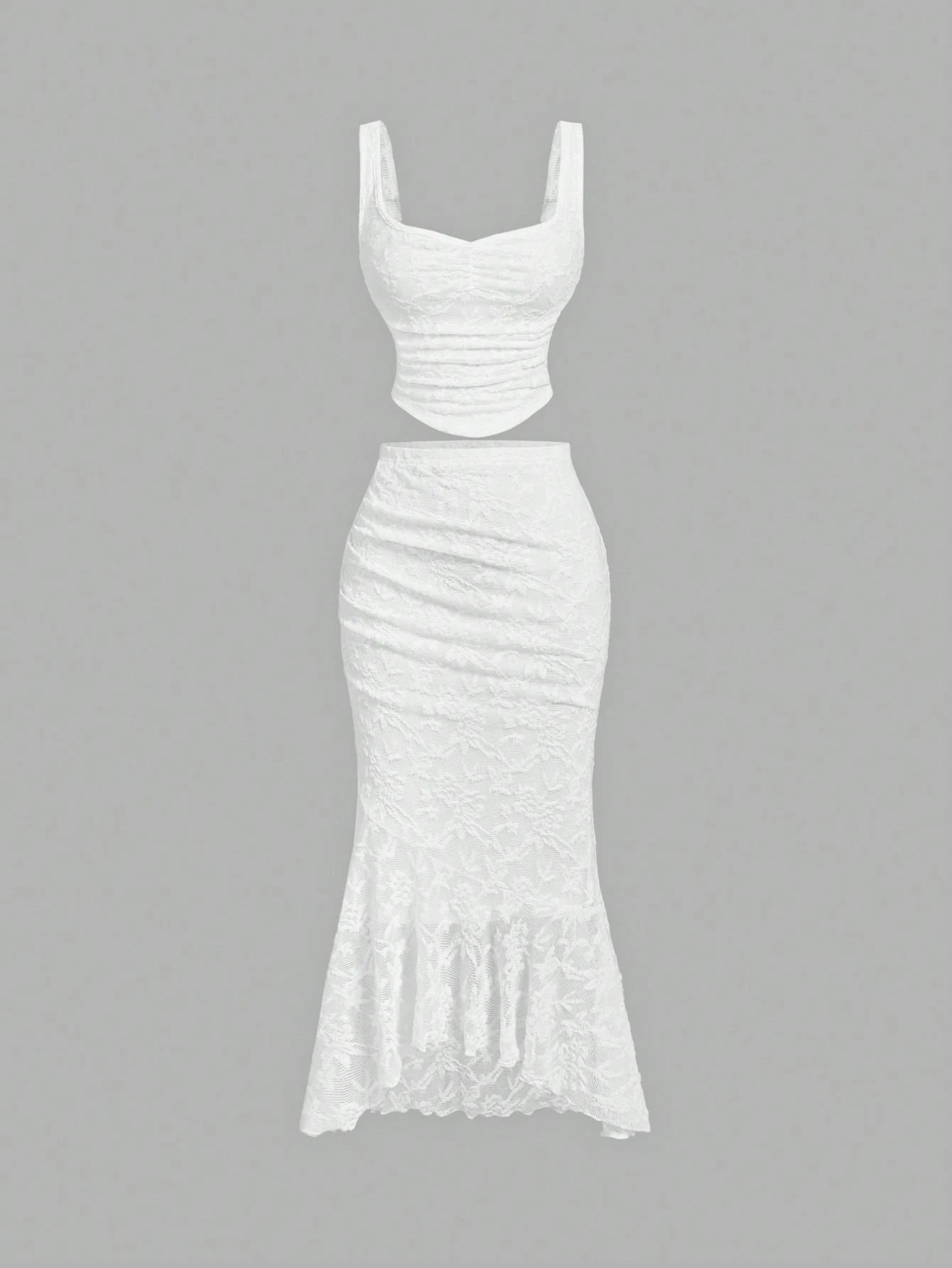 MOD White Lace Vest Fishtail Skirt Two-Piece Set,Elegant Bridal Wedding Summer Women Outfits,Dreamy Formal Prom Bridesmaid Dinner Birthday Ruffle Set