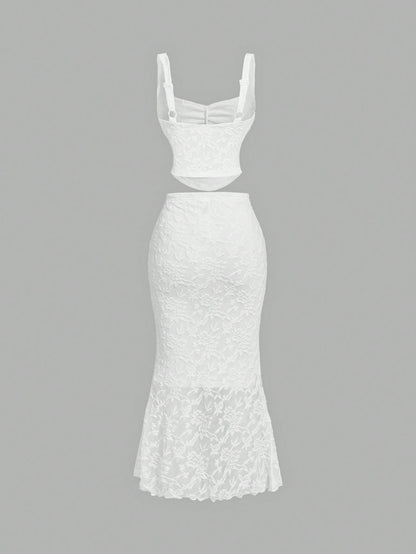 MOD White Lace Vest Fishtail Skirt Two-Piece Set,Elegant Bridal Wedding Summer Women Outfits,Dreamy Formal Prom Bridesmaid Dinner Birthday Ruffle Set