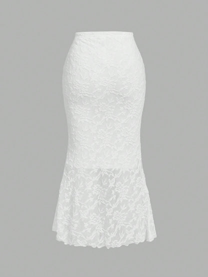 MOD White Lace Vest Fishtail Skirt Two-Piece Set,Elegant Bridal Wedding Summer Women Outfits,Dreamy Formal Prom Bridesmaid Dinner Birthday Ruffle Set