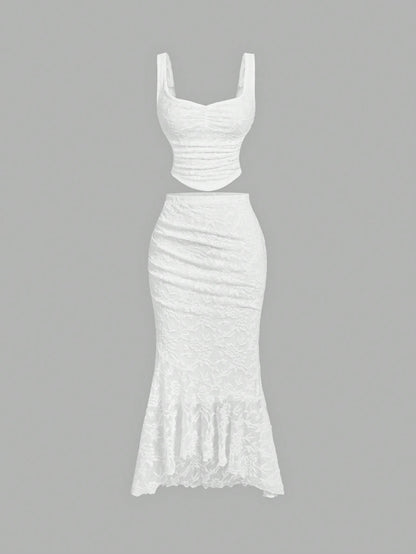 MOD White Lace Vest Fishtail Skirt Two-Piece Set,Elegant Bridal Wedding Summer Women Outfits,Dreamy Formal Prom Bridesmaid Dinner Birthday Ruffle Set