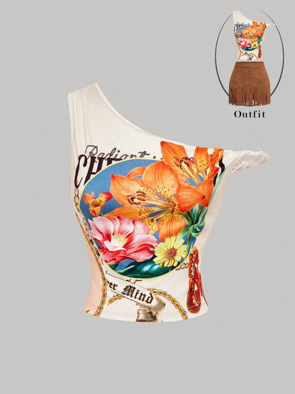 MOD Women's Asymmetric Shoulder Twist Front Vintage Flowy Streetstyle 2000s Floral Crop Top Cream Summer Boho Vacation Chic Graphic Print Tank Top Date