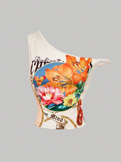 MOD Women's Asymmetric Shoulder Twist Front Vintage Flowy Streetstyle 2000s Floral Crop Top Cream Summer Boho Vacation Chic Graphic Print Tank Top Date