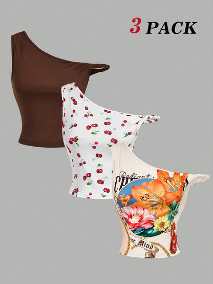MOD Women's Asymmetric Shoulder Twist Front Vintage Flowy Streetstyle 2000s Floral Crop Top Cream Summer Boho Vacation Chic Graphic Print Tank Top Date