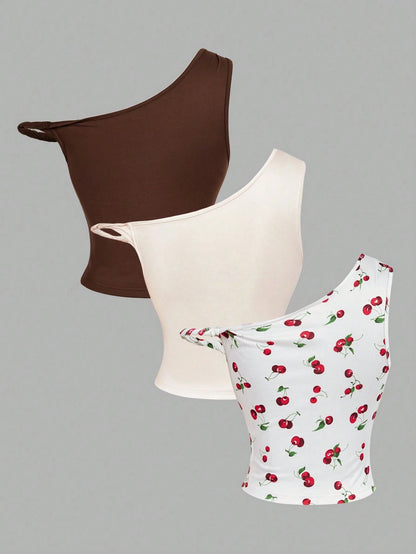 MOD Women's Asymmetric Shoulder Twist Front Vintage Flowy Streetstyle 2000s Floral Crop Top Cream Summer Boho Vacation Chic Graphic Print Tank Top Date