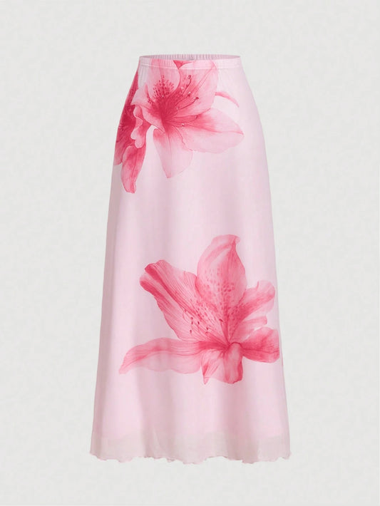MOD Women's Blush Pink Floral Print Knit Skirt Garden Party Summer Romantic