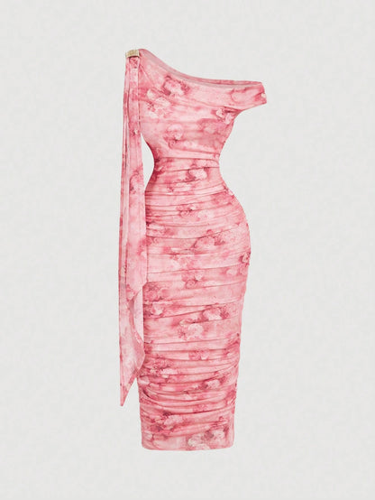 MOD Women's Elegant Floral Print Asymmetrical Neck Ruffle Fitted Vacation Dress, Summer,Pink Dress
