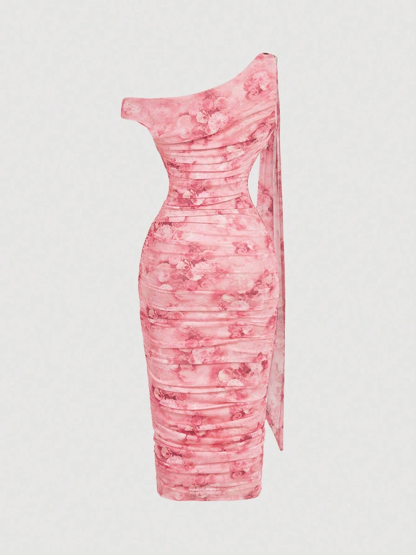 MOD Women's Elegant Floral Print Asymmetrical Neck Ruffle Fitted Vacation Dress, Summer,Pink Dress