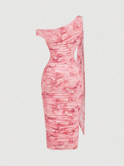 MOD Women's Elegant Floral Print Asymmetrical Neck Ruffle Fitted Vacation Dress, Summer,Pink Dress