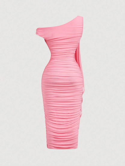 MOD Women's Elegant Floral Print Asymmetrical Neck Ruffle Fitted Vacation Dress, Summer,Pink Dress