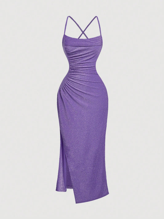MOD Women's Solid Color Elegant Ruched Hem Side Split Bodycon Purple Dress,Lavender Dress