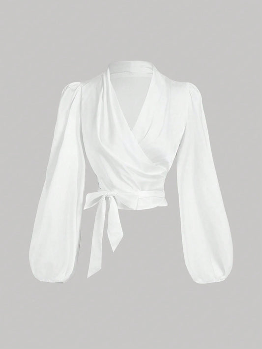 MOD Women's White Wrap-Around Tie-Up Bow Batwing Sleeve Blouse,Women Shirts,Glittery Blouse,New Years Top
