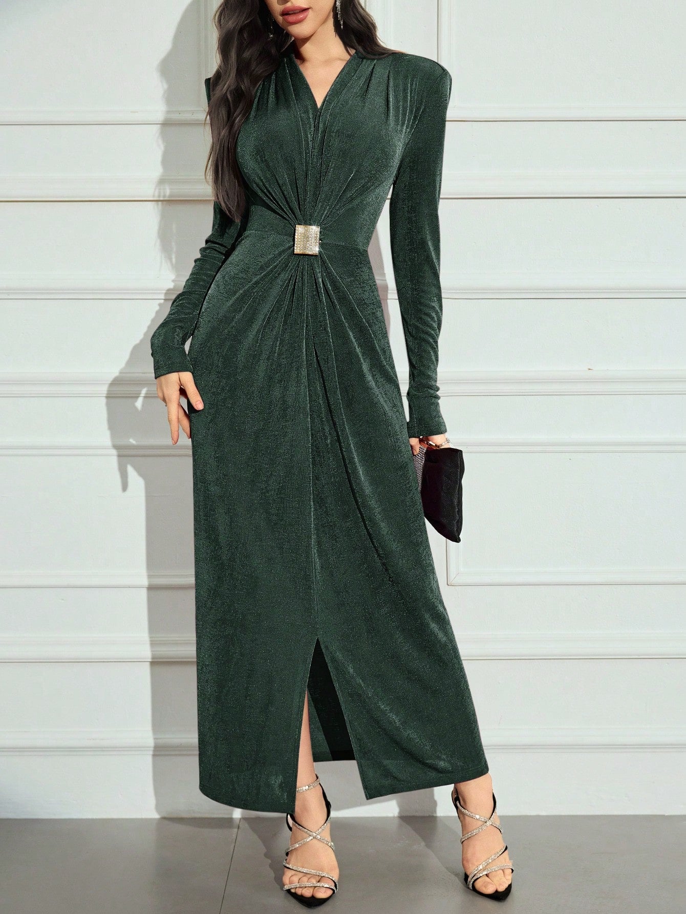 Modelyn Ladies V-Neck Long Sleeve Rhinestone Waist Pleated Maxi Elegant Dress Long Evening Dresses