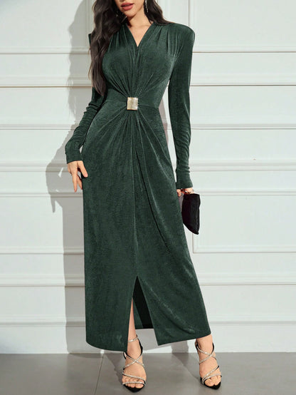 Modelyn Ladies V-Neck Long Sleeve Rhinestone Waist Pleated Maxi Elegant Dress Long Evening Dresses