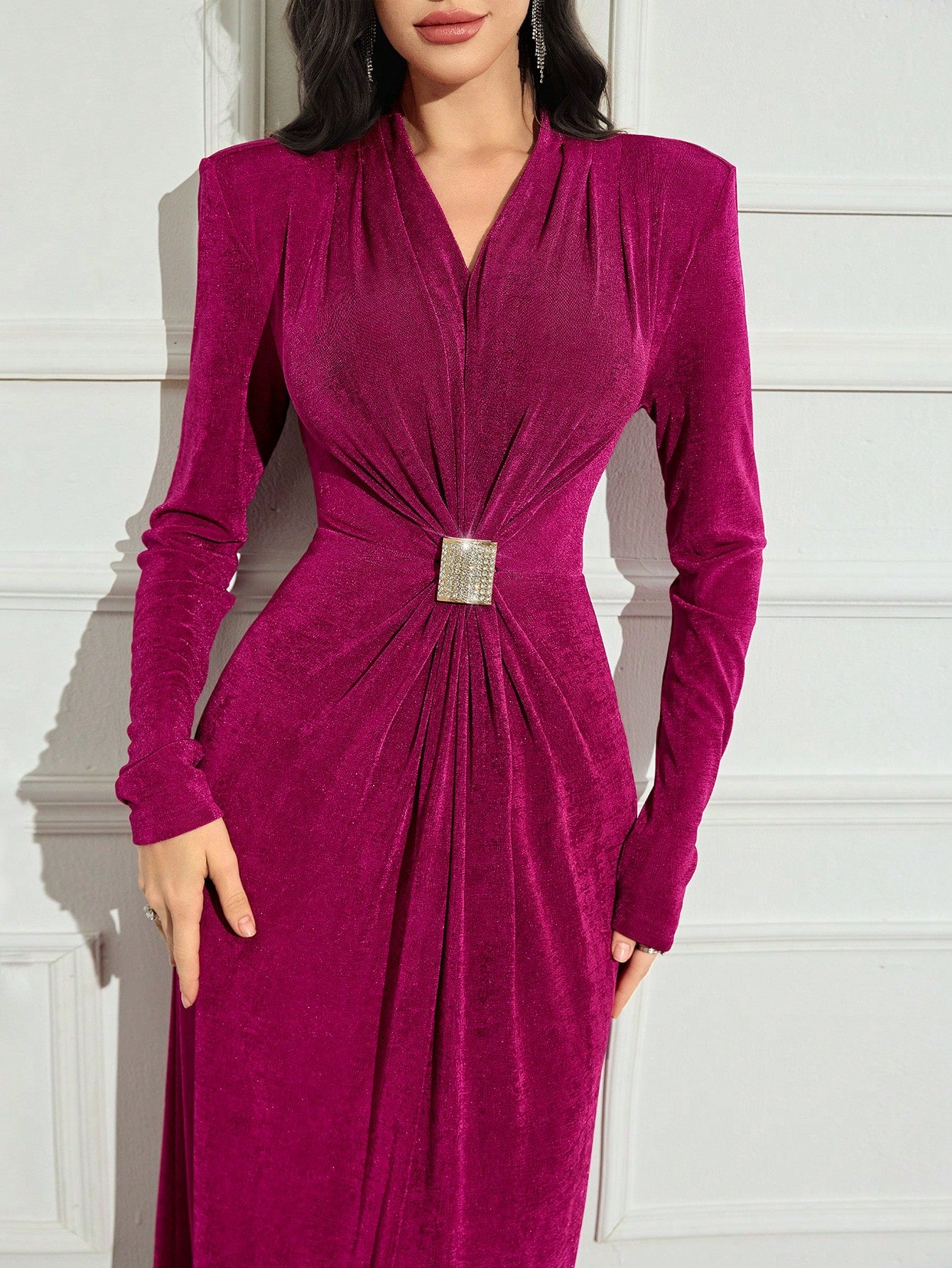 Modelyn Ladies V-Neck Long Sleeve Rhinestone Waist Pleated Maxi Elegant Dress Long Evening Dresses
