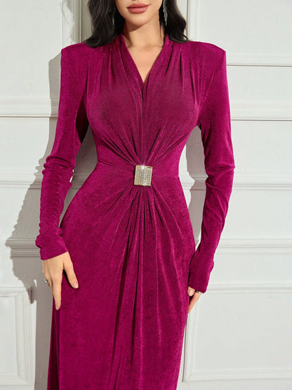 Modelyn Ladies V-Neck Long Sleeve Rhinestone Waist Pleated Maxi Elegant Dress Long Evening Dresses