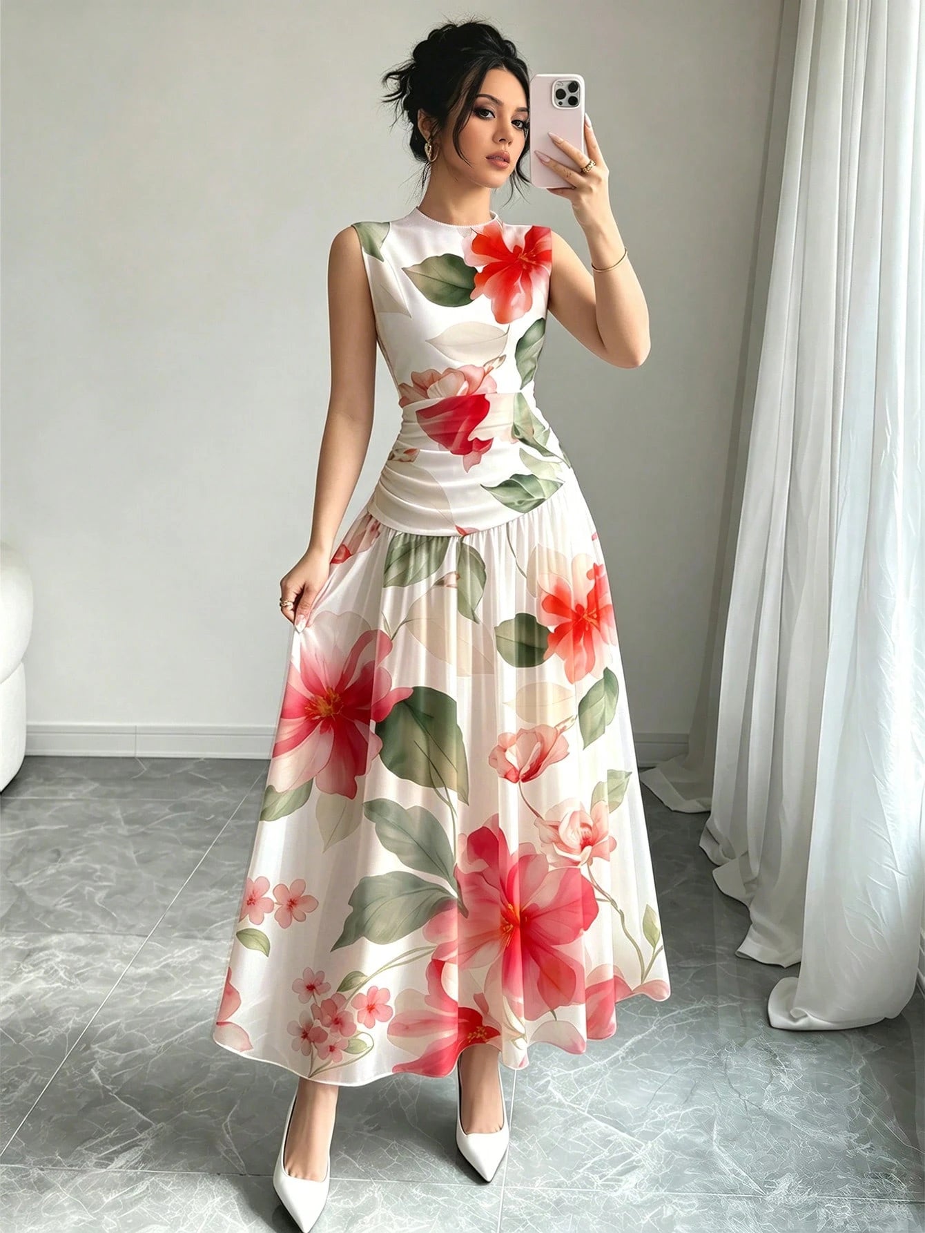 Modelyn Red Floral Print V-Neck Sleeveless Maxi Dress, Women's Fashion Ruched Waist Long Dress, Floral Pattern White Summer Vacation Elegant Dress