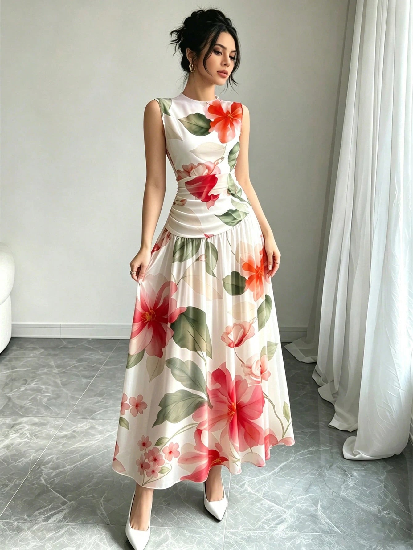 Modelyn Red Floral Print V-Neck Sleeveless Maxi Dress, Women's Fashion Ruched Waist Long Dress, Floral Pattern White Summer Vacation Elegant Dress