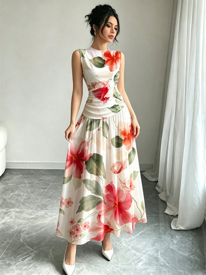 Modelyn Red Floral Print V-Neck Sleeveless Maxi Dress, Women's Fashion Ruched Waist Long Dress, Floral Pattern White Summer Vacation Elegant Dress