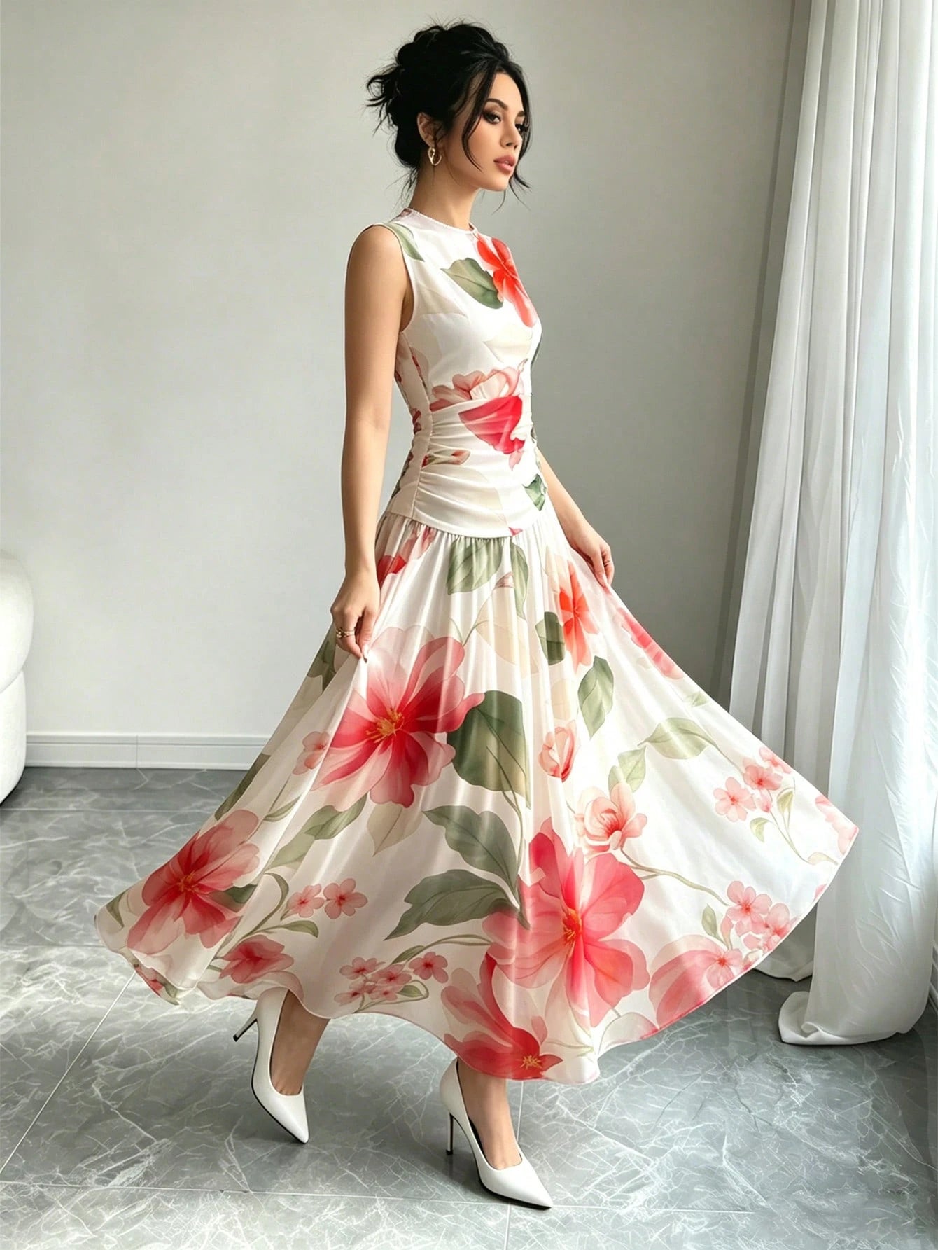 Modelyn Red Floral Print V-Neck Sleeveless Maxi Dress, Women's Fashion Ruched Waist Long Dress, Floral Pattern White Summer Vacation Elegant Dress