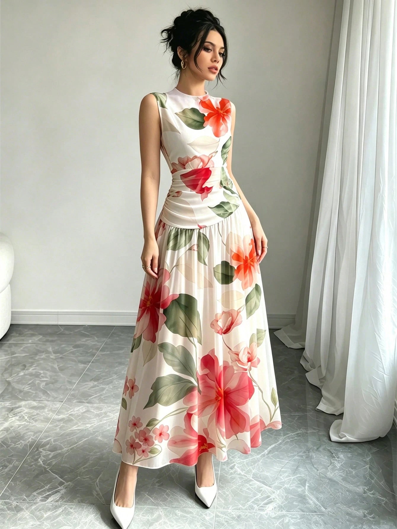 Modelyn Red Floral Print V-Neck Sleeveless Maxi Dress, Women's Fashion Ruched Waist Long Dress, Floral Pattern White Summer Vacation Elegant Dress