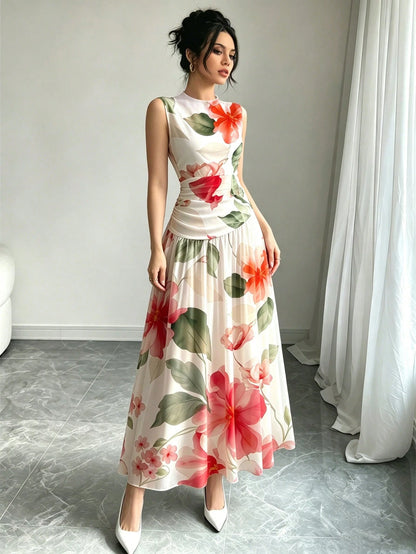 Modelyn Red Floral Print V-Neck Sleeveless Maxi Dress, Women's Fashion Ruched Waist Long Dress, Floral Pattern White Summer Vacation Elegant Dress