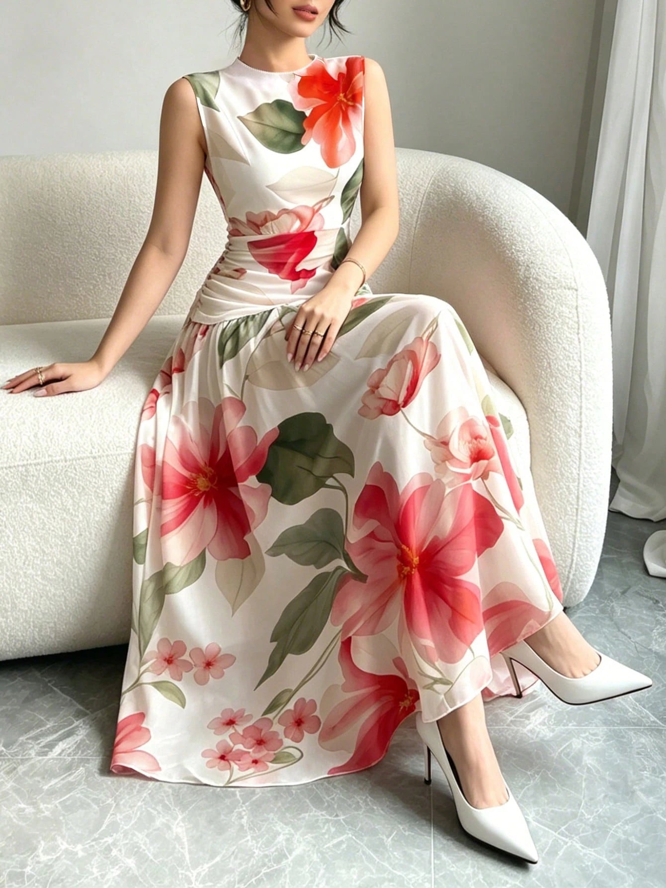 Modelyn Red Floral Print V-Neck Sleeveless Maxi Dress, Women's Fashion Ruched Waist Long Dress, Floral Pattern White Summer Vacation Elegant Dress