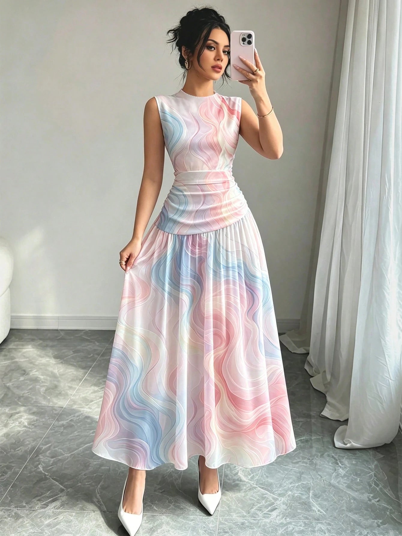 Modelyn Red Floral Print V-Neck Sleeveless Maxi Dress, Women's Fashion Ruched Waist Long Dress, Floral Pattern White Summer Vacation Elegant Dress
