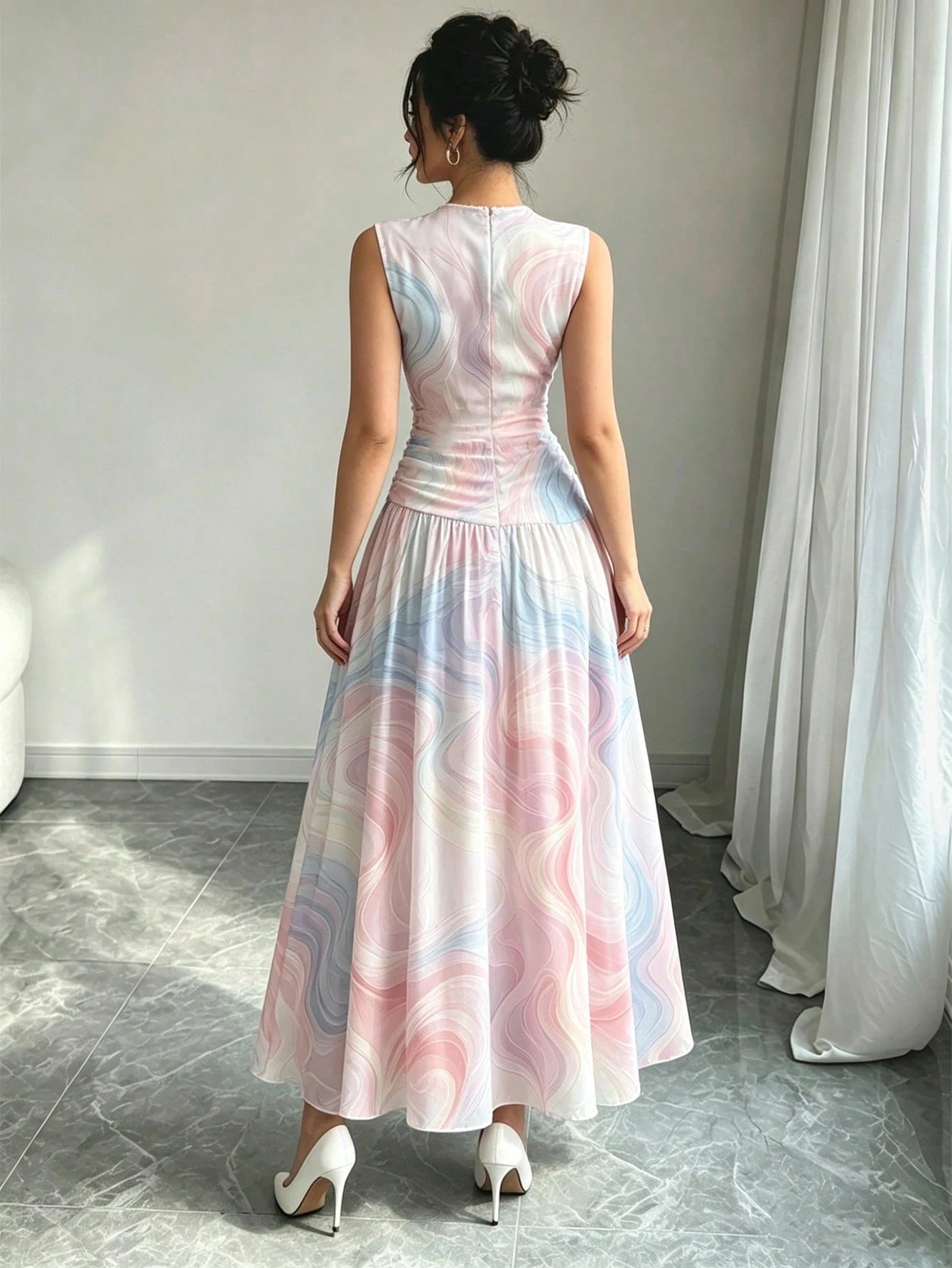Modelyn Red Floral Print V-Neck Sleeveless Maxi Dress, Women's Fashion Ruched Waist Long Dress, Floral Pattern White Summer Vacation Elegant Dress