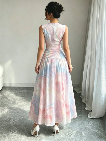 Modelyn Red Floral Print V-Neck Sleeveless Maxi Dress, Women's Fashion Ruched Waist Long Dress, Floral Pattern White Summer Vacation Elegant Dress
