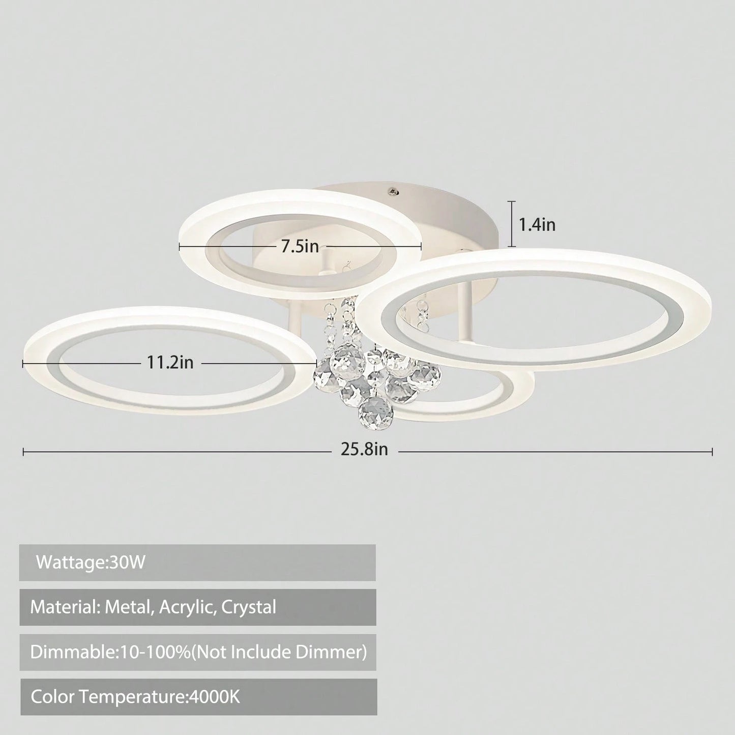 Modern LED Ceiling Light, 4 Rings Kitchen Flush Mount Ceiling Light, 4000K Dimmable Lighting Fixture Ceiling Lamp For Bedroom, Foyer, Laundry Room, Closet (Dimmer Not Included)
