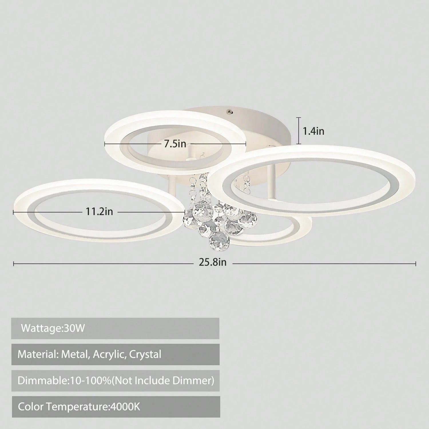 Modern LED Ceiling Light, 4 Rings Kitchen Flush Mount Ceiling Light, 4000K Dimmable Lighting Fixture Ceiling Lamp For Bedroom, Foyer, Laundry Room, Closet (Dimmer Not Included)